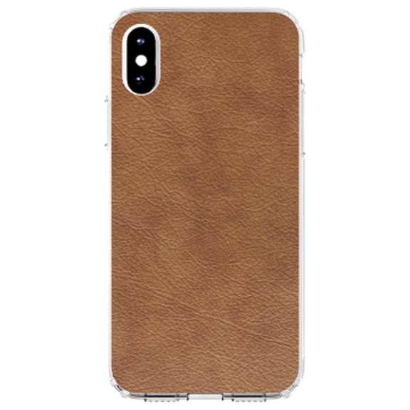DistinctInk Clear Shockproof Hybrid Case for iPhone XR (6.1" Screen) - TPU Bumper, Acrylic Back, Tempered Glass Screen Protector - Dark Brown Faux Leather Print Design - Printed Faux Leather Image