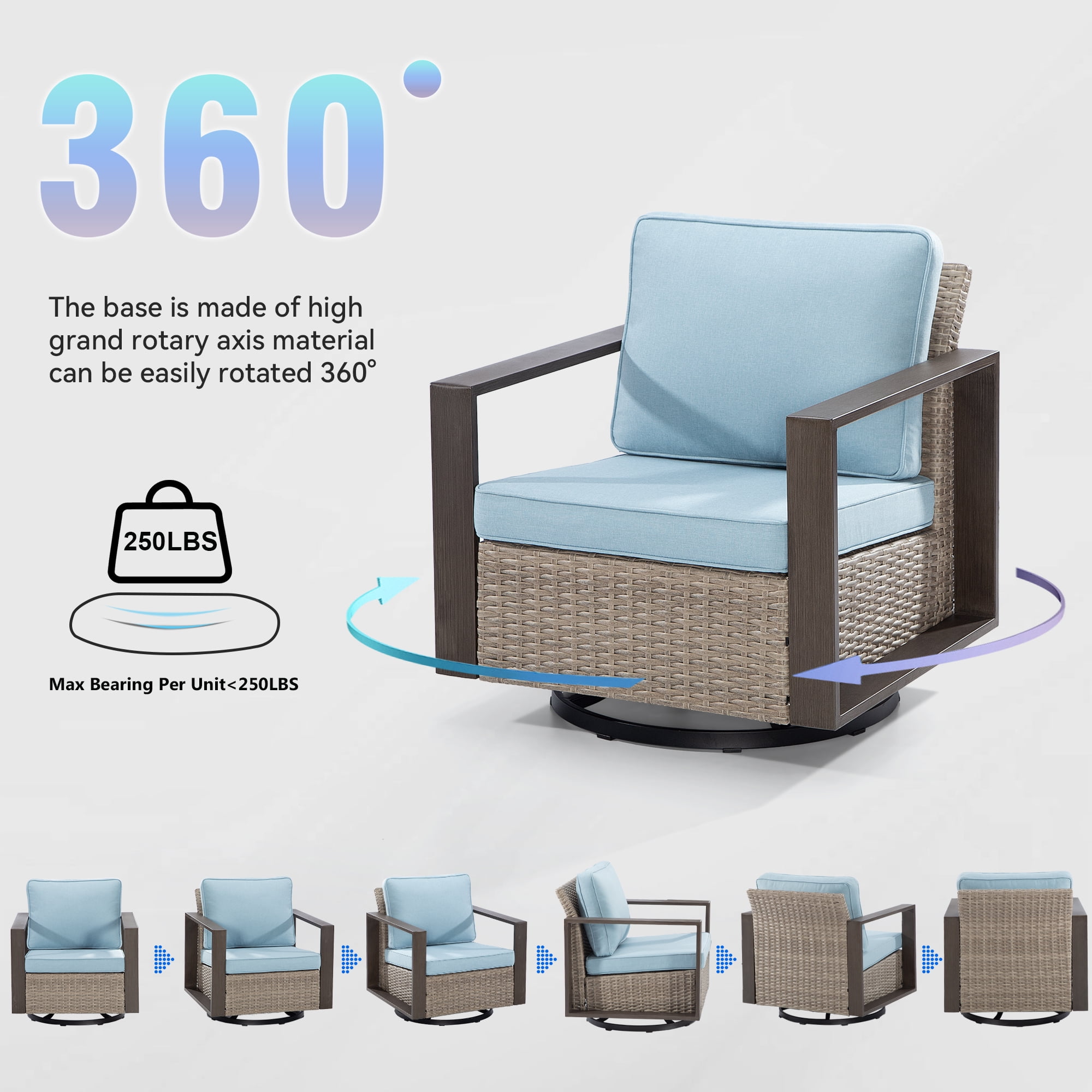 MeetLeisure Outdoor Swivel Rocker Metal Chairs Set of 2 with Small Coffee Table, 3 Pieces Patio Bistro Set with 360 Degree Glider Chairs & Wood-Looking Metal Armrest, Sky Blue