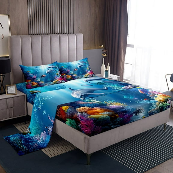 Erosebridal Marine Dolphin Sheet Set Twin,Ocean Wildlife Bedding Sets Twin Size,Marine Decoration,Breathable,3pcs