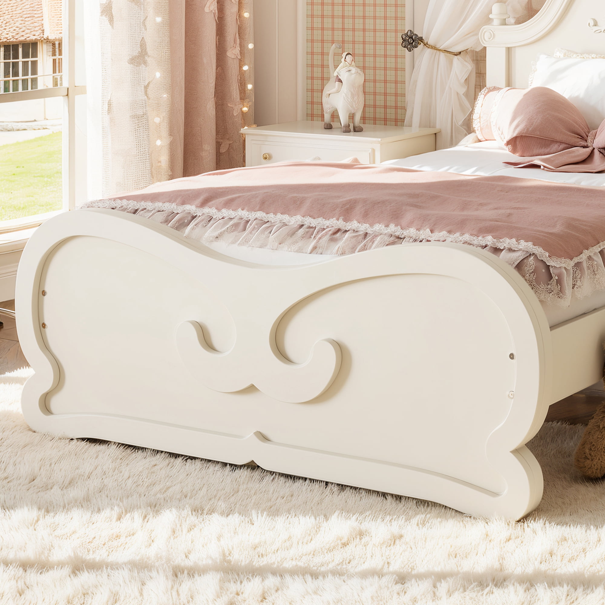 GARITIN Twin Vintage Carved Platform Bed with Headboard, Solid Wood Bed Frame with Slatted Support, Low Profile Platform Bed, No Box Spring Needed, Beige