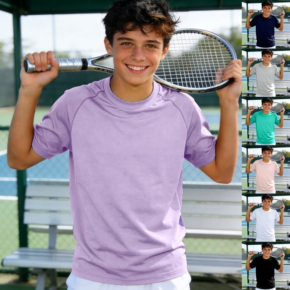 Spazoro Boys T-Shirts Tee, Summer Short Sleeve Crew Neck Solid Color Activewear Tops for Baseball Purple Size 6