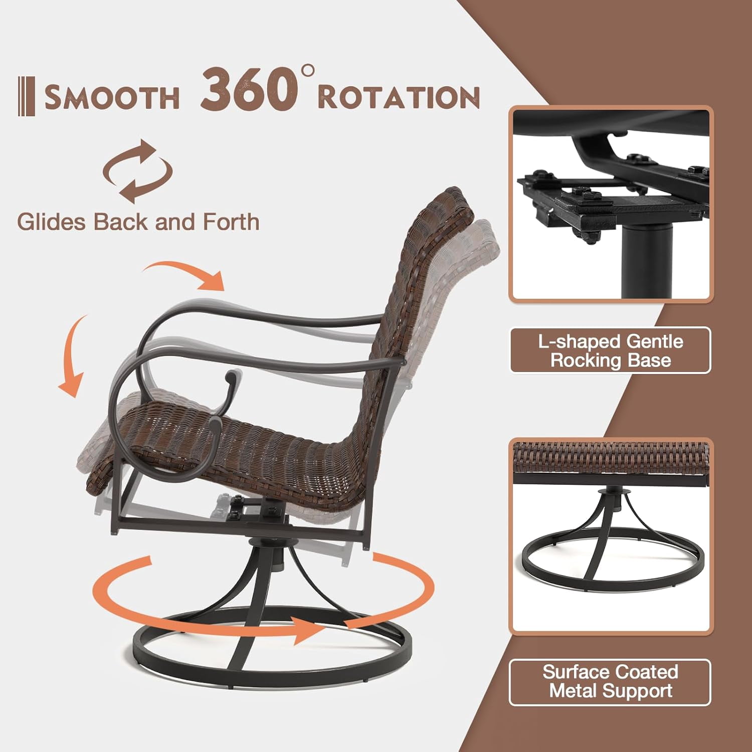 MELLCOM Patio Wicker Swivel Chair Set of 2, Heavy Duty Outdoor Dining Chairs with 23.5'' High Back, Extra-Large Water-Fall Seat, Rattan Porch Chair Gentle Rocker for Outside