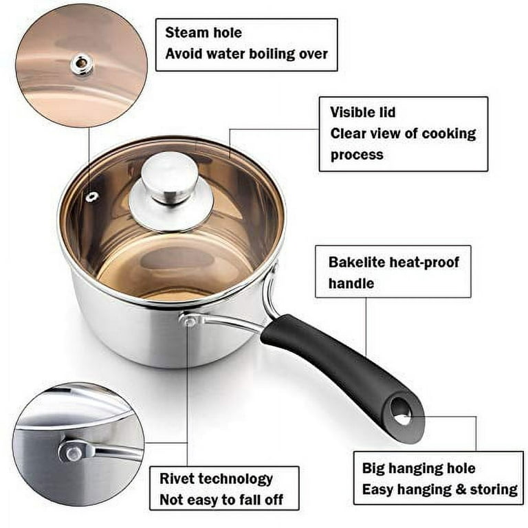 P&P CHEF 1 Quart Saucepan, Stainless Steel Saucepan with Lid, Small Sauce  for Home Kitchen Restaurant Cooking, Easy Clean and Dishwasher Safe