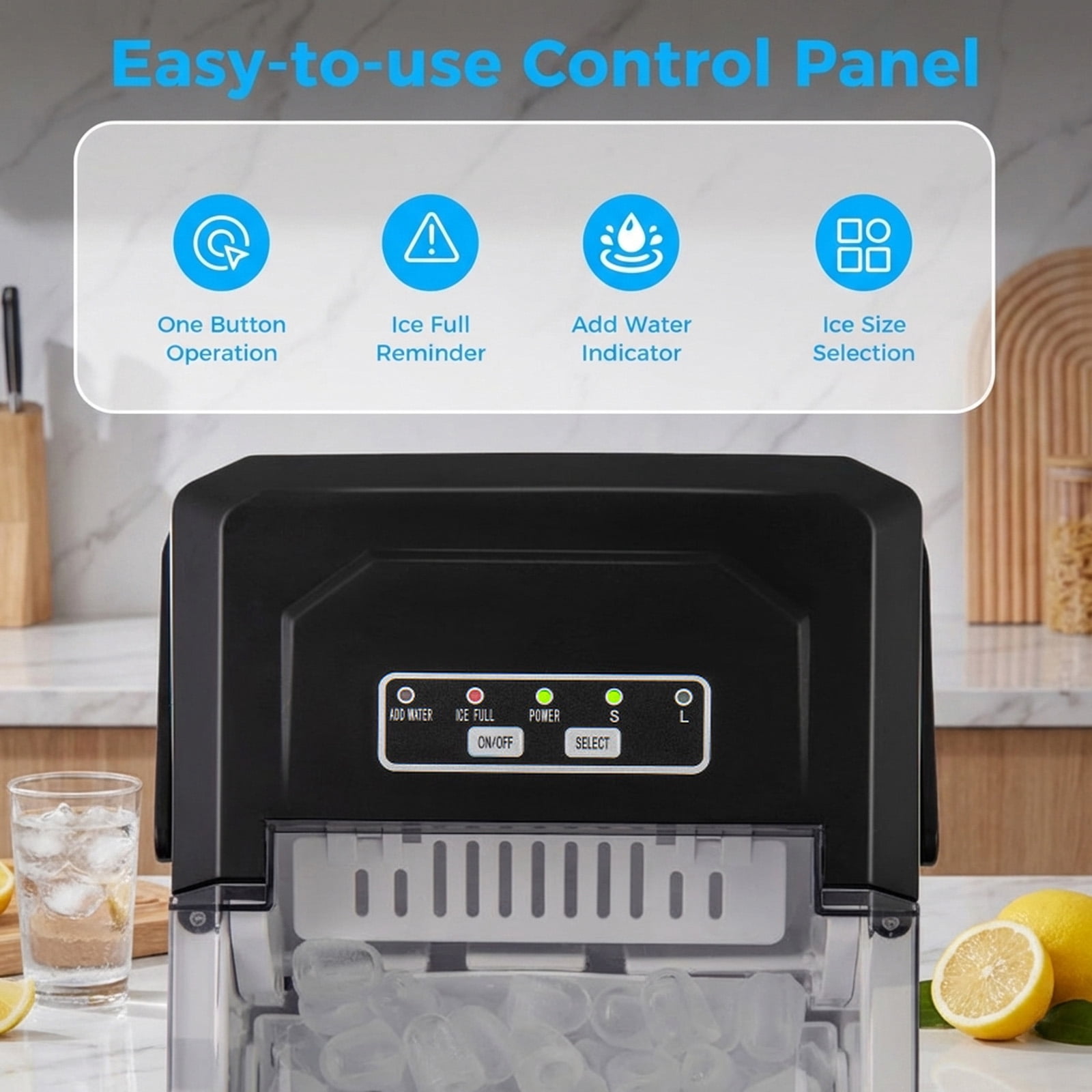 RUIE Countertop Ice Maker,Portable Ice Machine with 26.5 Lbs/Day Production and Self-Cleaning,2 Ice Sizes,One-Button Start,Bullet Ice Maker for Home Kitchen Office Party