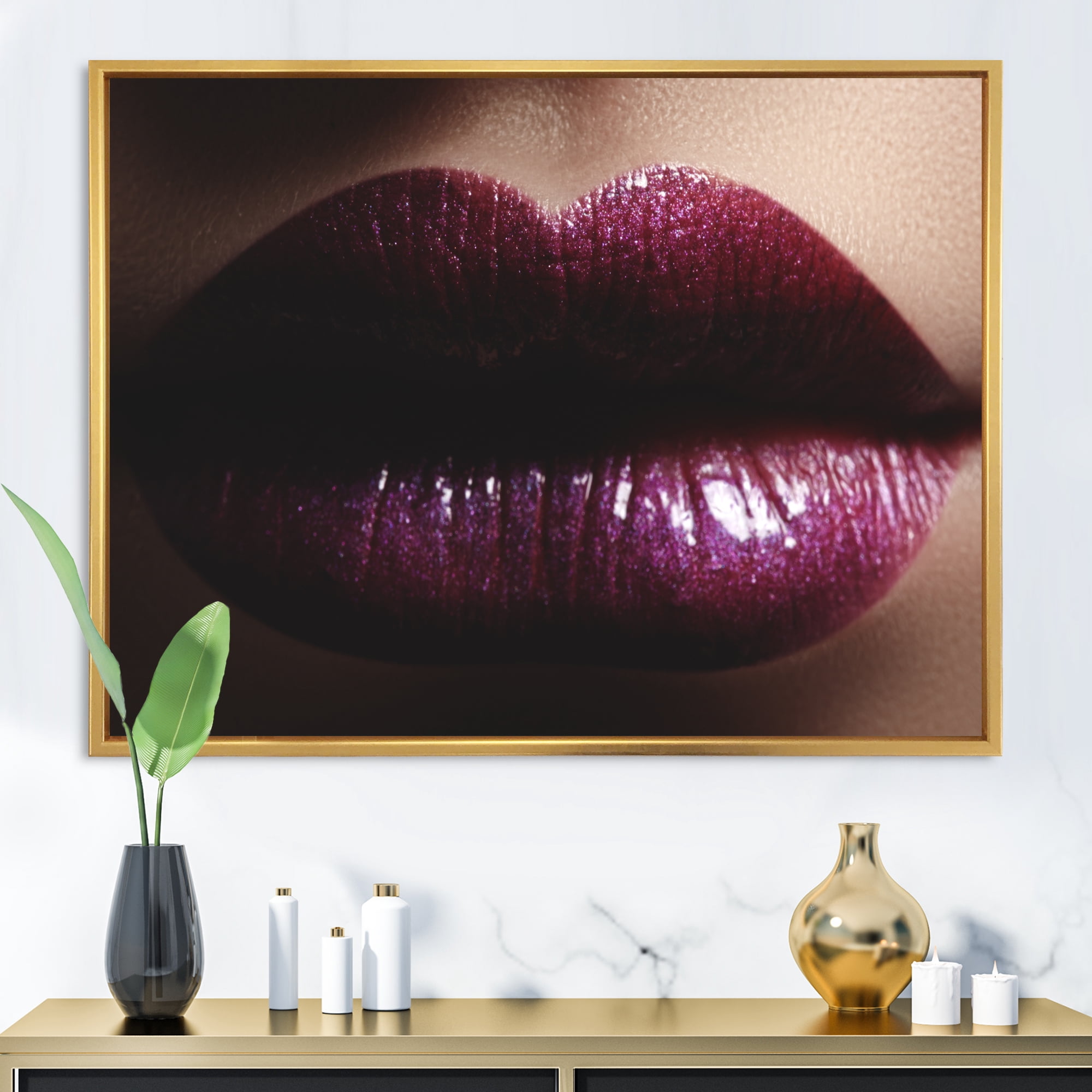 Designart 'Close-Up Of Woman Plump Lips With Glitter' Modern Framed Canvas Wall Art Print