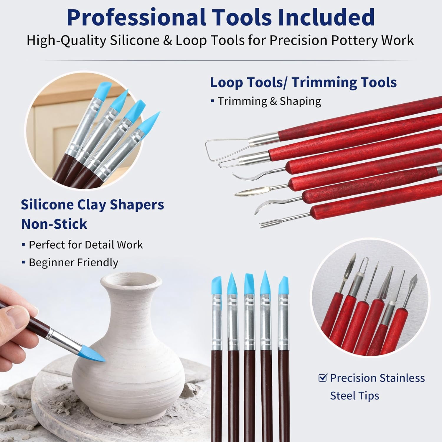 Pottery Tools Kit with BatMate, 27PCS Clay Sculpting Tools Set, 12" Anti-Slip Pottery Wheel Bat Mat for Ceramics, Polymer Clay, Shaping, Trimming & Carving