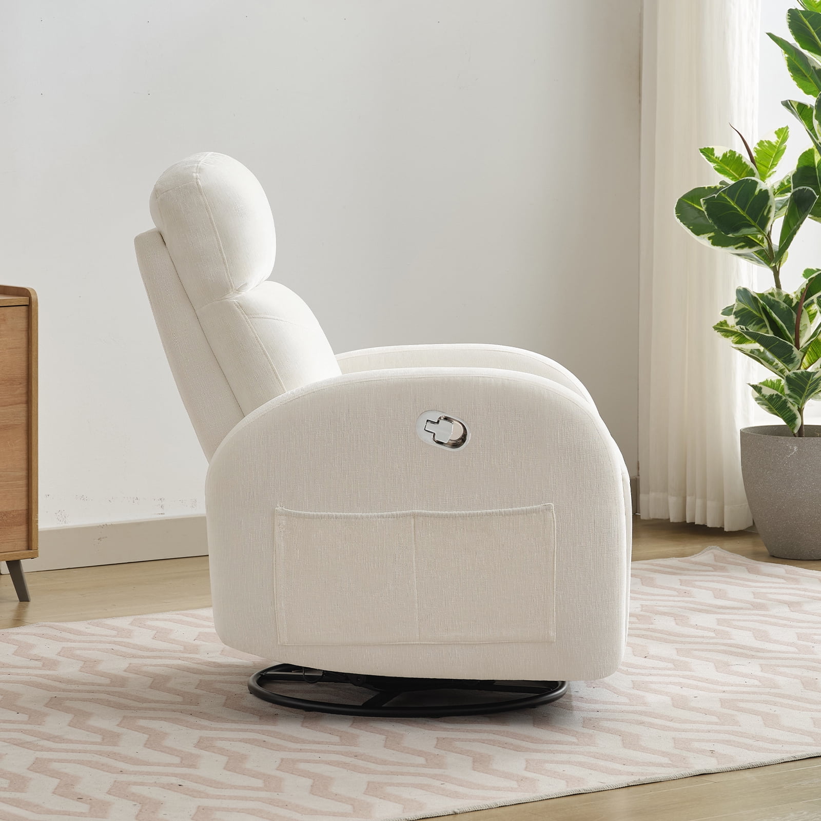 Aemeios Chenille Swivel Rocker Glider Manual Recliner Nursery Rocking Chair with Double Pockets, White