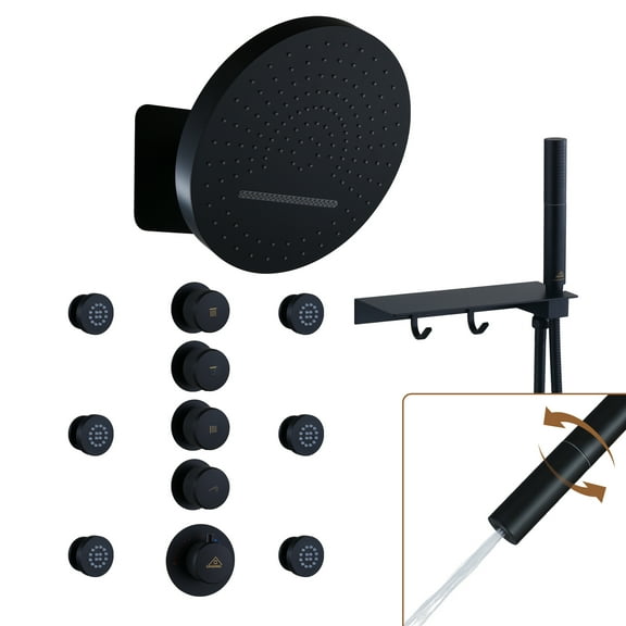 CASAINC 12.6 in. Wall Mounted Round Shower Heads 4-Spray Shower Faucet with Shower Head Knob in Matte Black