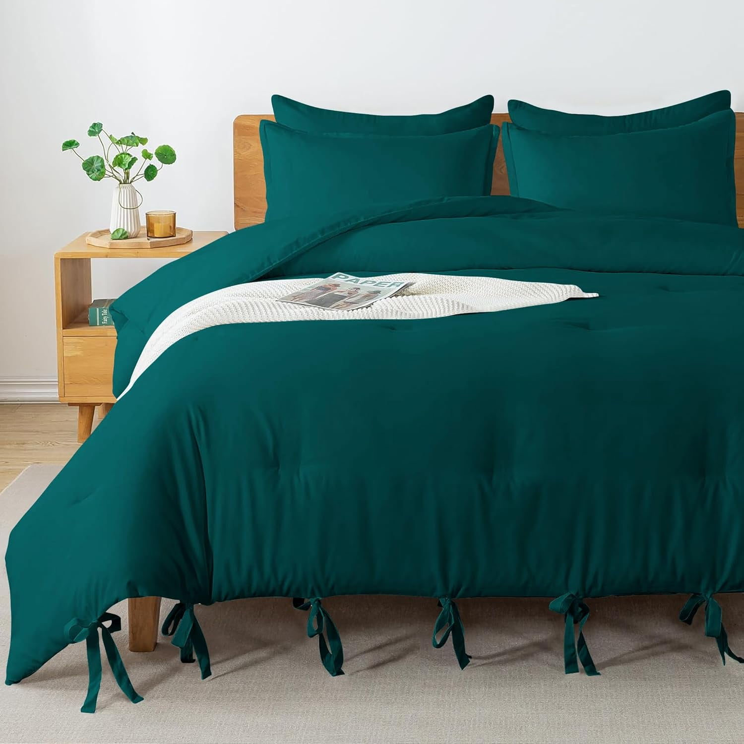 3 Piece Luxury Bottom Tie Pattern Comforter Set, 800 TC, 100% Egyptian Cotton, Oversized Super King Size Teal Solid