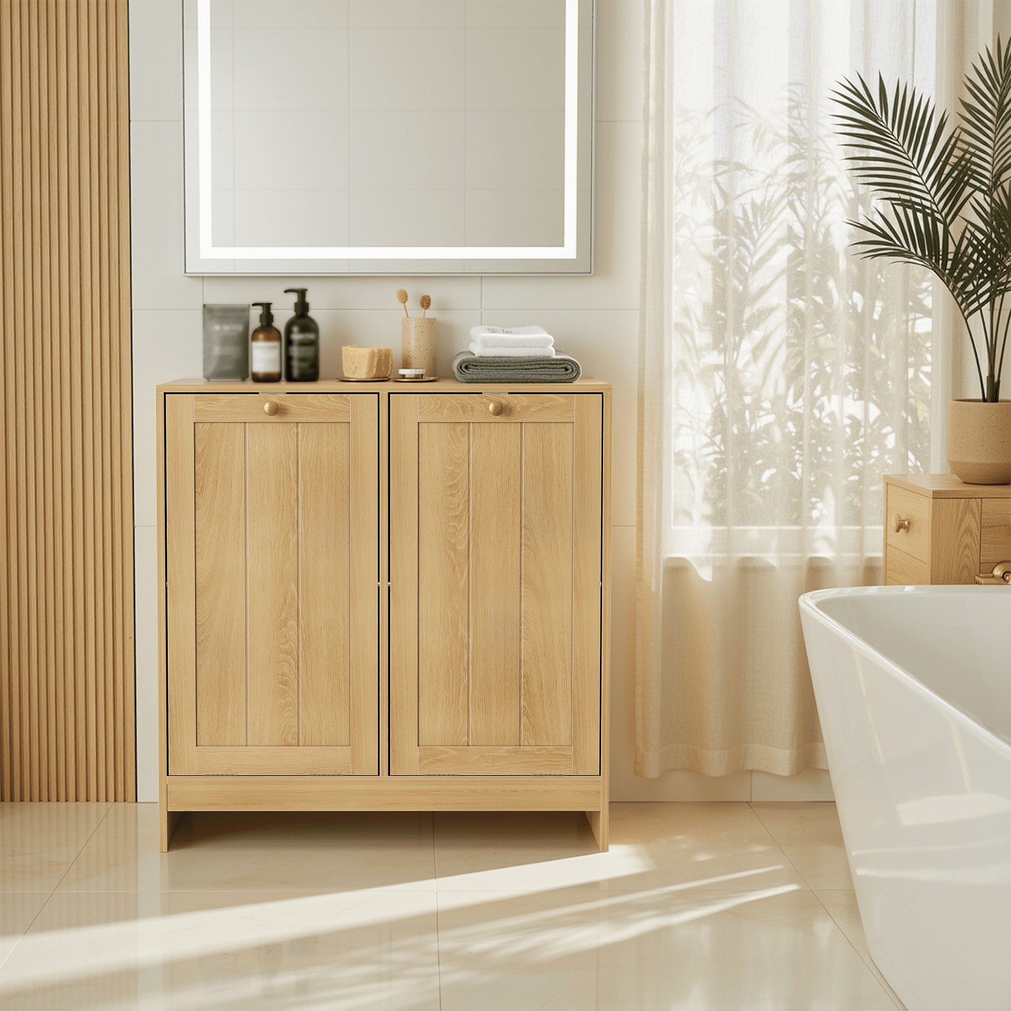 Laundry Hamper 25.98 Inch, Tilt-Out Storage Cabinet with Removable Fabric Baskets, Bathroom Organizer and Laundry Room Storage, Oak