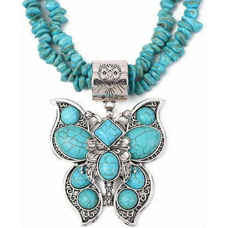 Turquoise Butterfly Layered Necklace for Women Irregular Stone Turquoise Necklace Pendant Choker Antique Native Western Jewelry Bohemian Birthday Summer Holiday Jewelry Gift for Her