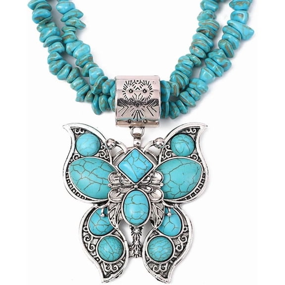 Turquoise Butterfly Layered Necklace for Women Irregular Stone Turquoise Necklace Pendant Choker Antique Native Western Jewelry Bohemian Birthday Summer Holiday Jewelry Gift for Her