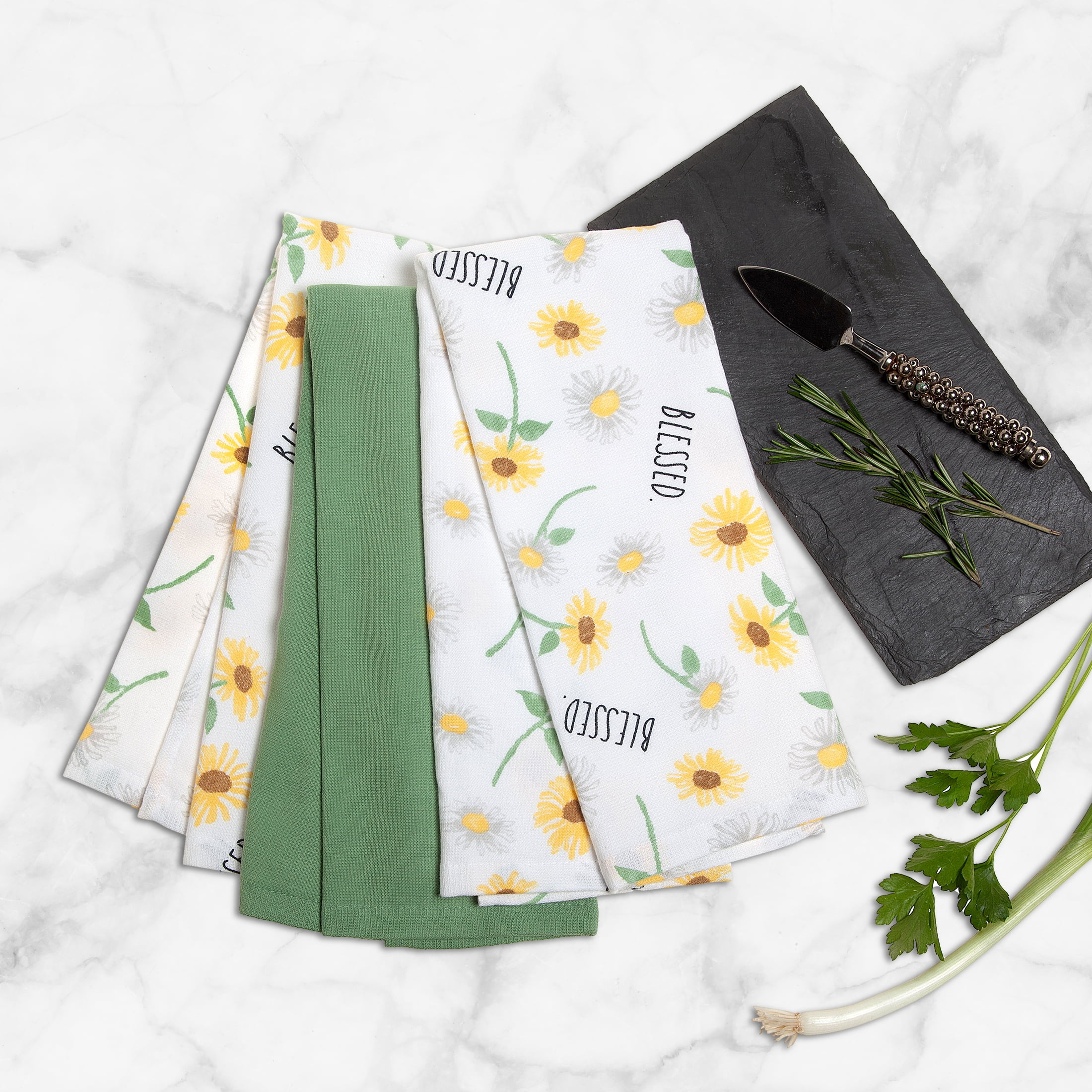 Rae Dunn Blessed Flower Kitchen Towel, White & Green, 3 Pack Set, 16" x 26"