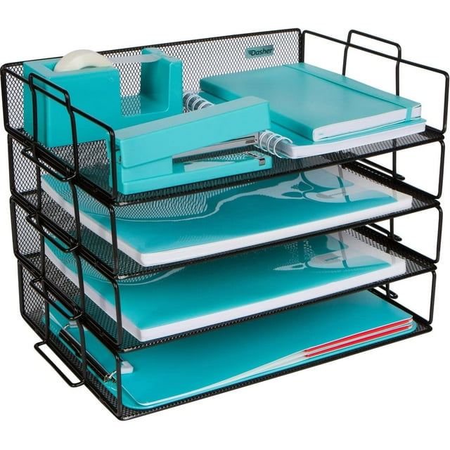 Organizador de escritorio con bandeja de papel apilable, 4 niveles, de malla metálica, para empresas, hogares, escuelas, tiendas y más, para organizar archivos, carpetas, cartas, papel y archivadores