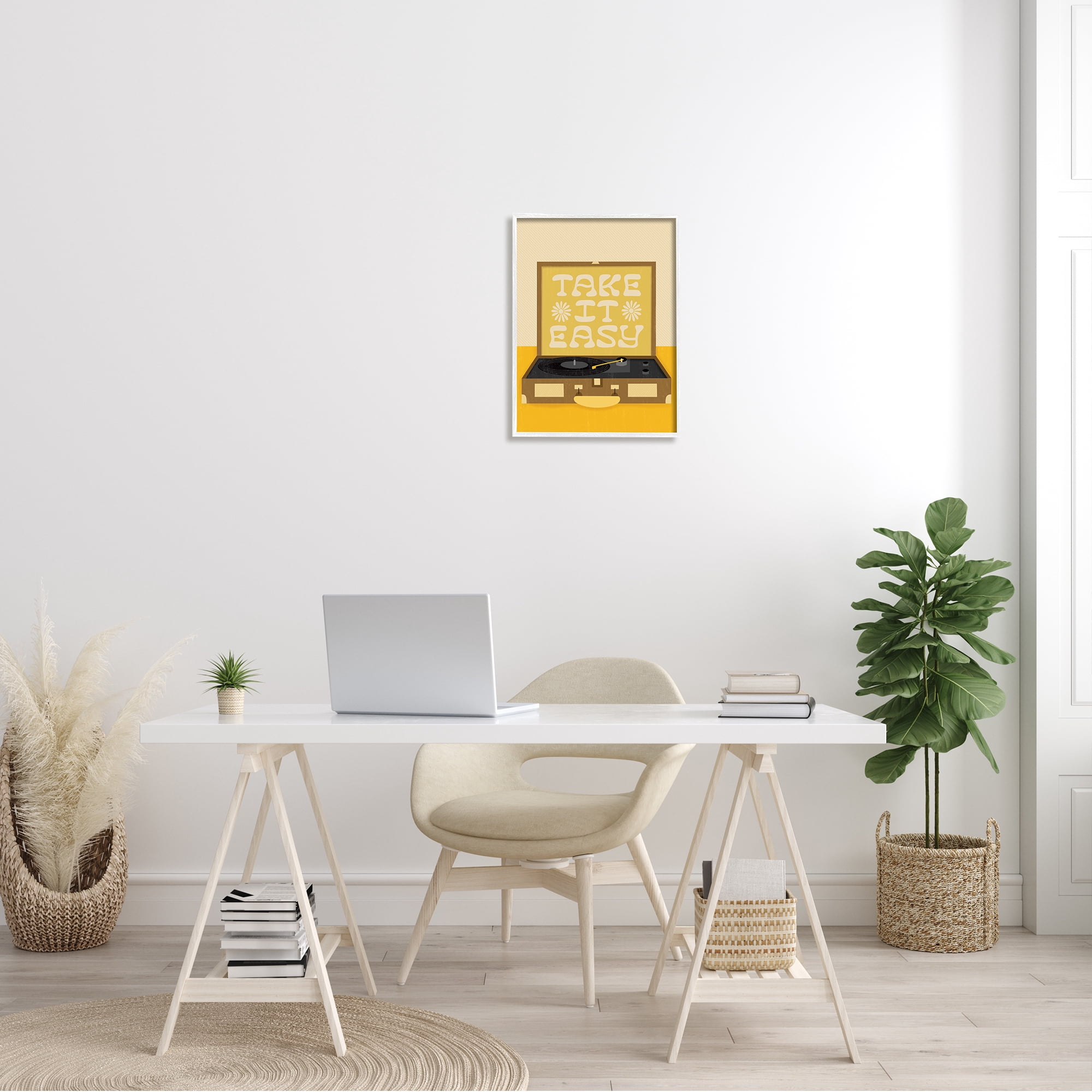 Stupell Industries Take it Easy Motivational Vintage Boho Record Player Graphic Art White Framed Art Print Wall Art, 16x20, by Jaylnn Heerdt