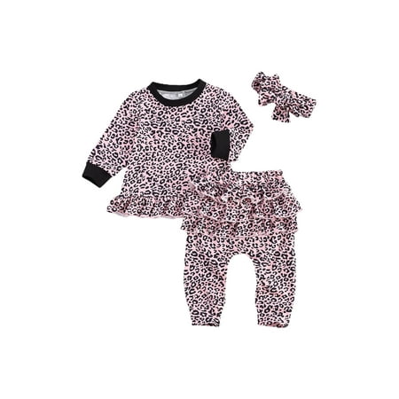 

Xiaoluokaixin Newborn Girls 3-piece Outfit Set Ruffle Long Sleeve Leopard Top+Pants+Headband