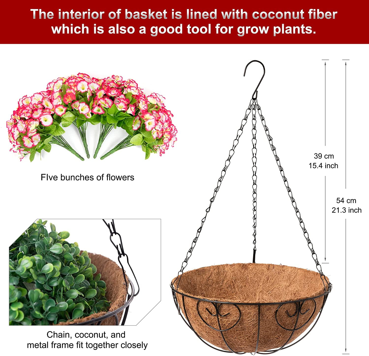 Artificial Hanging Flowers in Basket, Artificial Petunias Arrangement, inch Coconut Lining Basket with Morning Glories Fake Plants for Patio Garden Porch Deck Spring Decoration(Fuchsia)