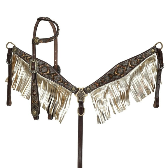 Showman Cowboy Carving Single Ear Leather Headstall & Breast Collar Set