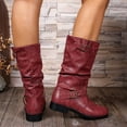 thumbnail image 5 of Slouchy Mid Calf Boots for Women Vintage Leather Wide Calf Round Toe Casual Low Heel Pull on Riding Booties, 5 of 6