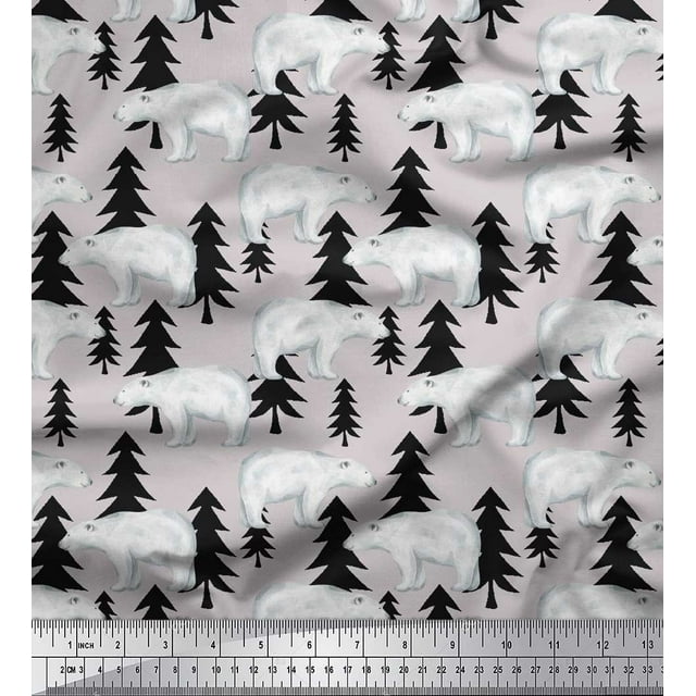Soimoi Gray Moss Georgette Fabric Bear Tree Print Fabric by the Yard 44 Inch Wide