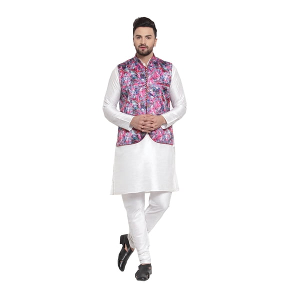 ELINA FASHION Men's Indian Raw Silk Kurta Pajama And Nehru Jacket (Waistcoat) || Ethnic Wedding Diwali Puja Set