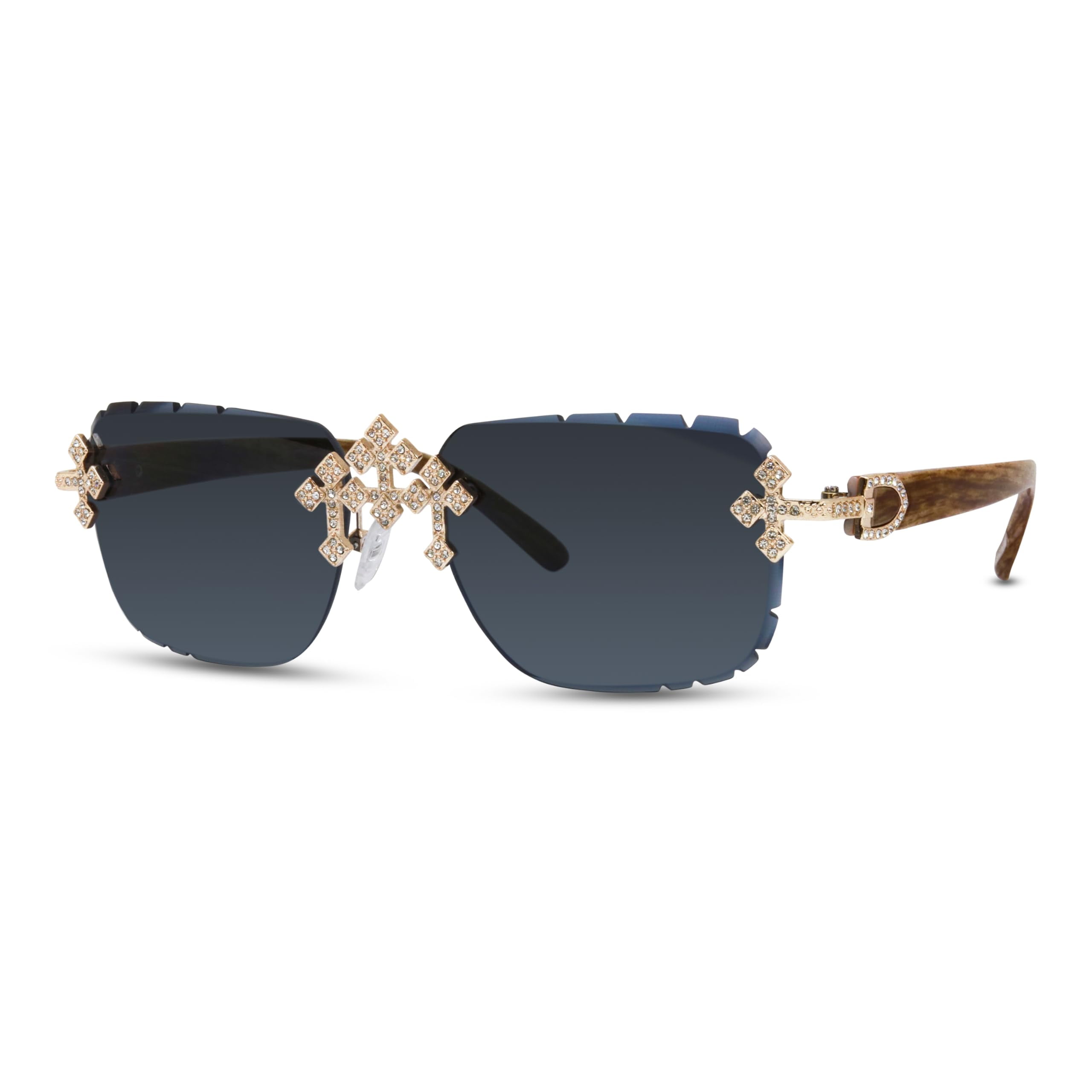 Iced-Out Triple Cross Sunglasses – Diamond-Cut Frameless Shades for Men & Women, Hip-Hop Luxury Eyewear for Various Occasions - Gold Black Finish