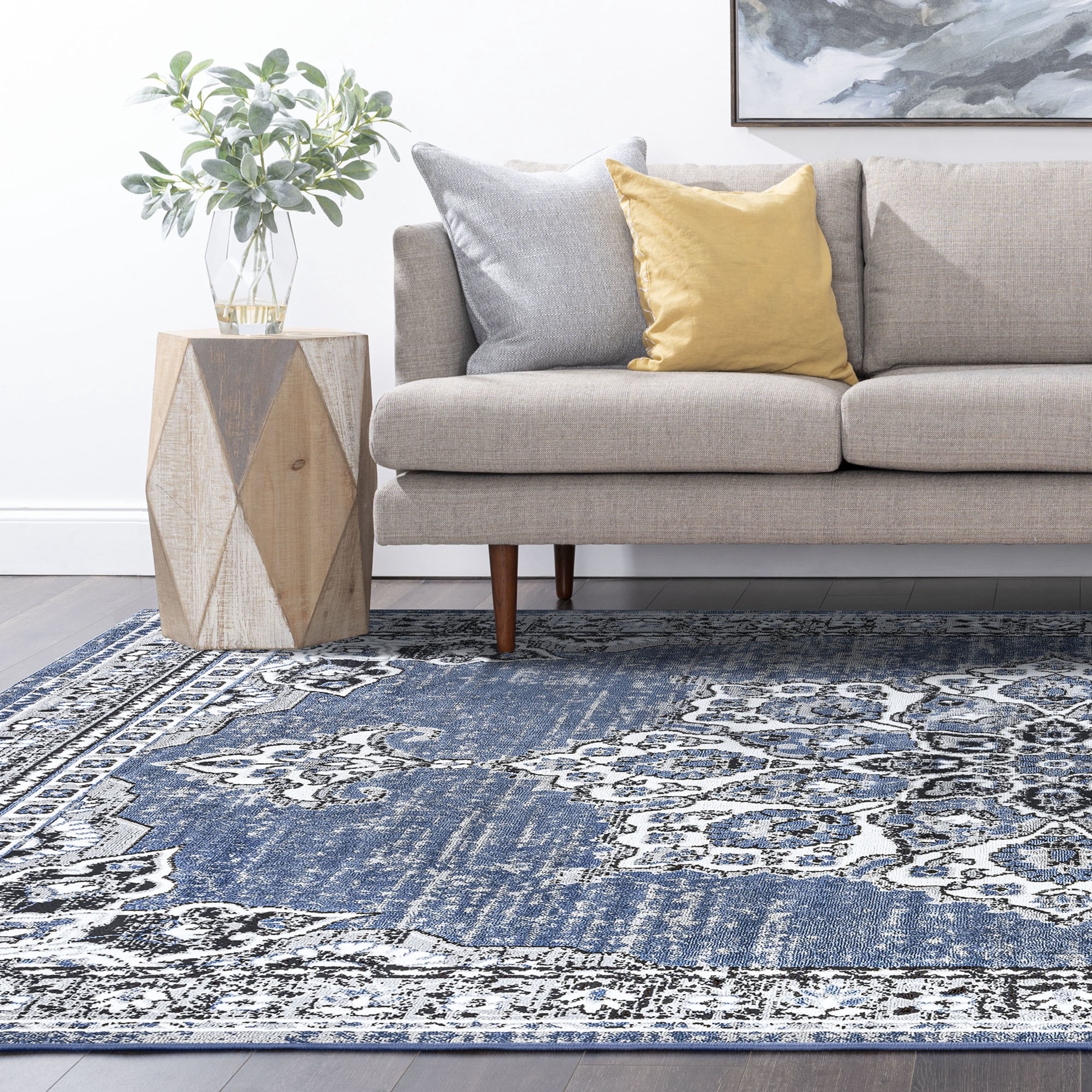 Traditional 8x10 Area Rug (7'11'' x 10'3'') Oriental Blue, White Living Room Easy to Clean