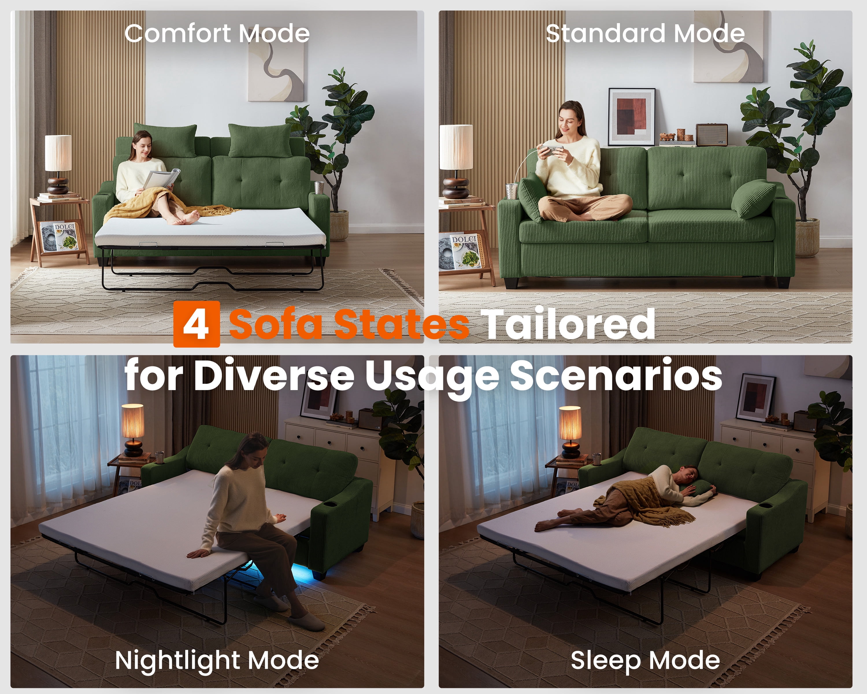 CHIC HOUSE Pull Out Sofa Bed Couch Queen Size with Mattress USB, Convertible Sleeper Sofa Loveseat for Small Spaces RV, Corduroy Pull Out Couch Bed for Living Room with Cup Holders LED Lights, Green