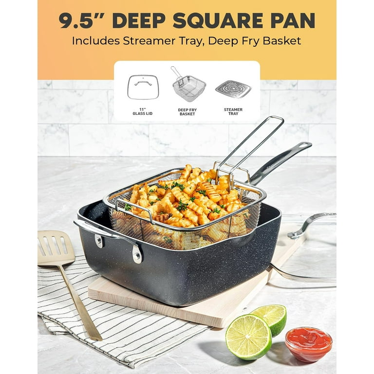 Cooper Chef 4 Piece 11 inch Non Stick Pan, Deep Square Pan, Fry Basket,  Steamer