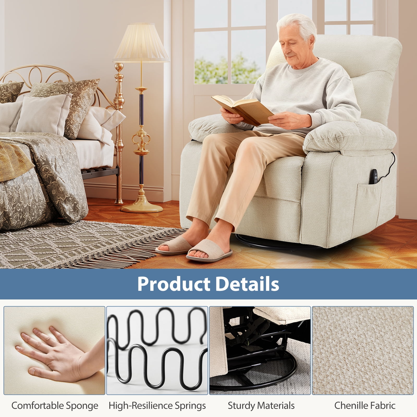 CONCETTA Manual Swivel Recliner Chair with Heating and Vibration Massage，Beige