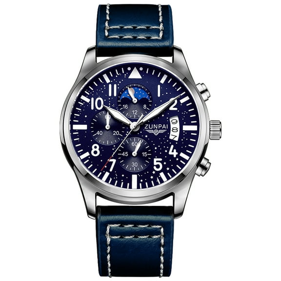ZUNPAI Watches for men Chronograph Quartz Watch with Luminous Calendar Analog Dial Waterproof Leather Strap Sport Fashion Wristwatch