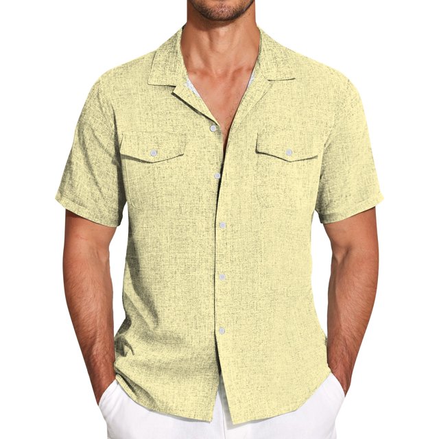 Men's Solid Color Cuban Collar Casual Short Sleeved Imitation Cotton Linen Men's Large Shirt XL