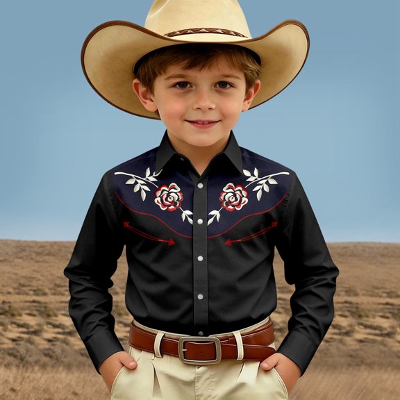 SOFTCCLO Boys Shirts Long Sleeve Lapel Collar Button Down Tops Classic Western Cowboy Print Casual Comfy Shirt for Boys Size 4-5Y
