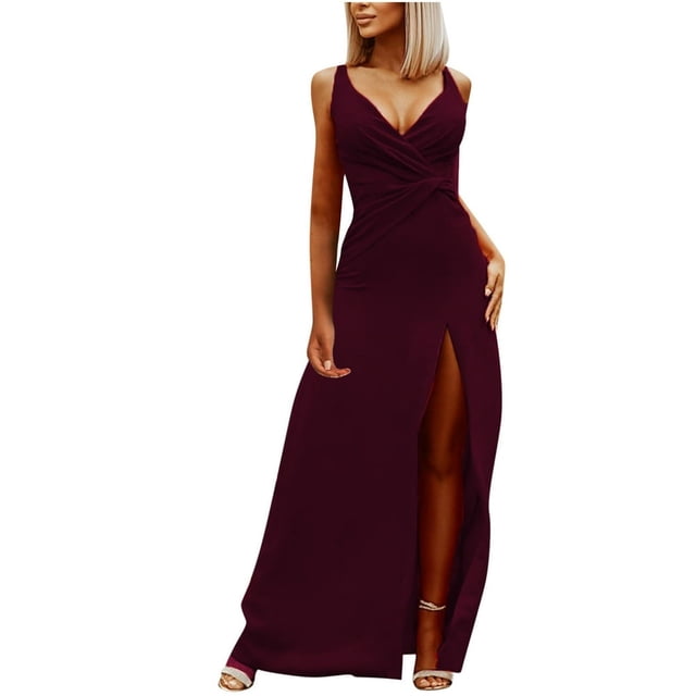 PENGXIANG Élégantes Robes de Bal des Femmes Bretelles Sans Manches Solide V-Cou Mince Fendue Robe de Cheville Robes de Retour