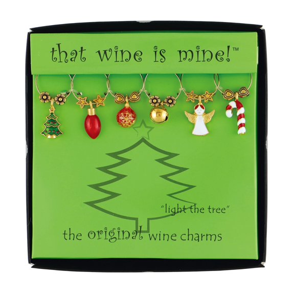 Wine Things 6-Piece Wine Charms/Wine Glass Tags/Drink Markers for Stem Glasses, Wine Tasting Party, Christmas Party (Light the Tree)