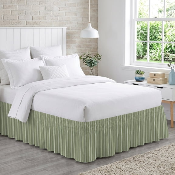 Sage Green Striped Bed Skirt Queen Size 18 Inch Drop, Minimalism Stripes Modern Vintage Farmhouse Abstract Adjustable Elastic Dust Ruffles Bedskirt for Queen Bed Wrap Around Pleated Mattress Cover