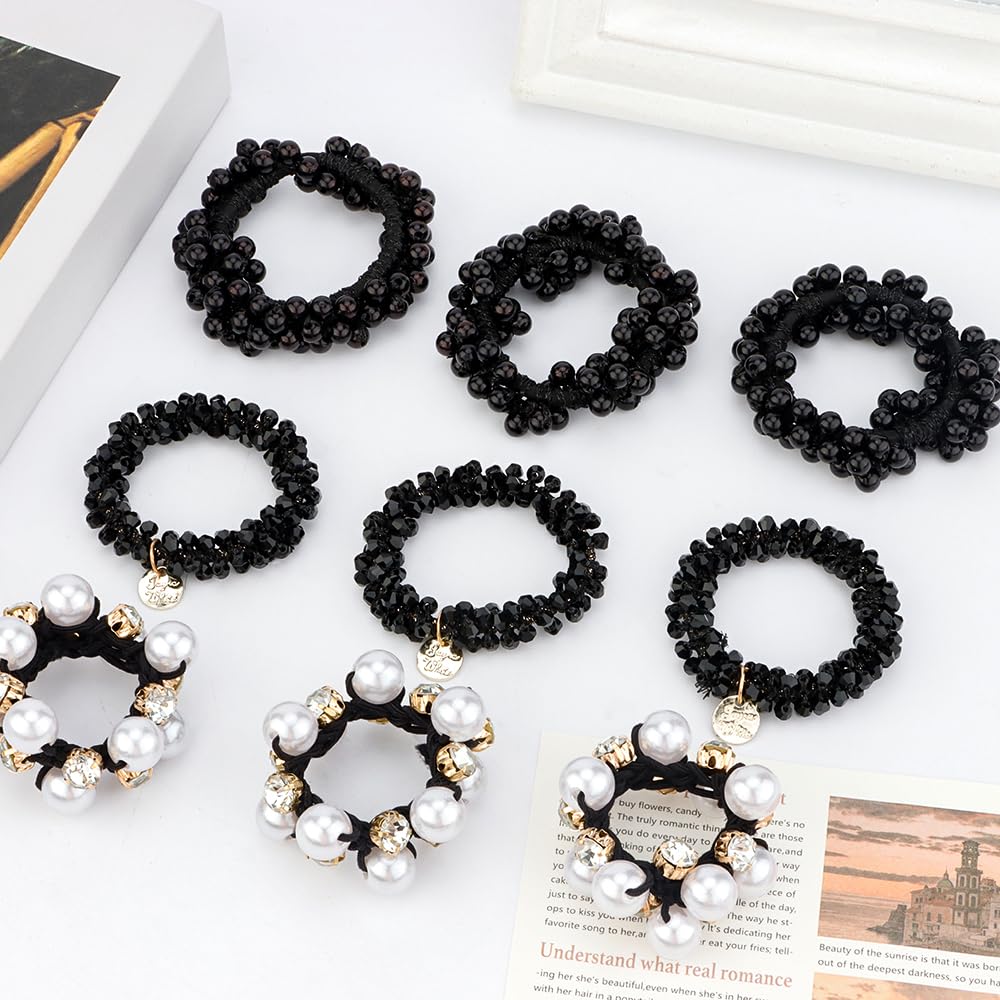 9pcs Black Hair Ties Elastic Hair Scrunchies Hold Crystal Pearls Beads Bulk Hair Ropes Stretchy Handmade Hair Accessories For Women Girls,diy Hand Tools Kits,springtok