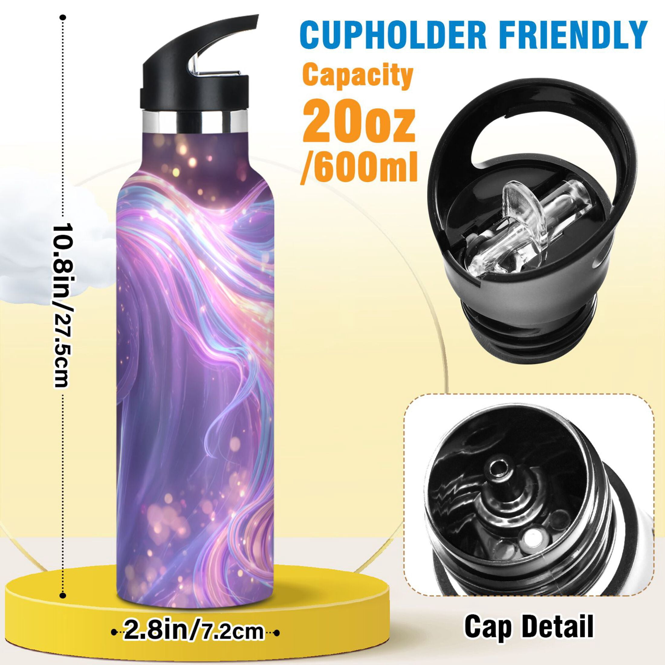 Kids Insulated Stainless Steel Sports Water Bottle 600ml (20oz) Unicorn with Rainbow Mane