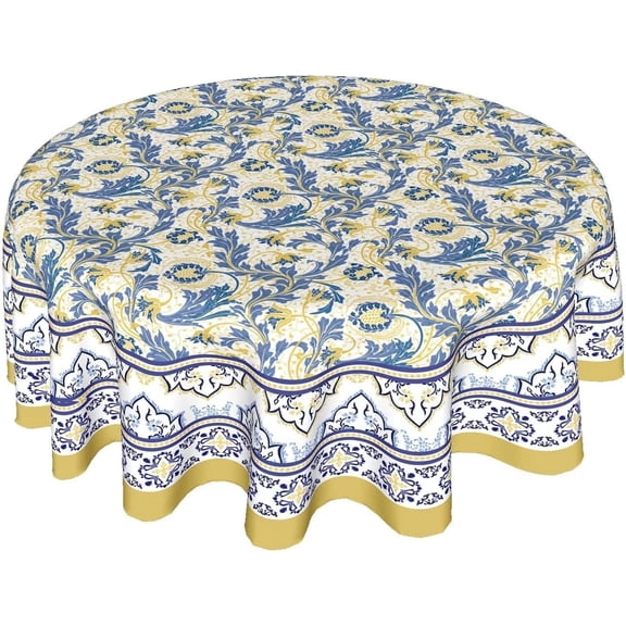 Yellow and Blue Floral Tablecloth Round 60 Inch Farmhouse Boho Tablecloth Spring Summer Fabric Table Cloth With Wrinkle Resistant For Kitchen Holiday Picnic Party Dinner Room Indoor Outdoor Decor