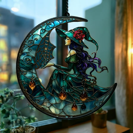 Emerald Moon Witch Acrylic Suncatcher, Celestial Faux Stained Glass Window Hanging With Spiderweb Umbrella & Crystal Drops, Halloween Decor