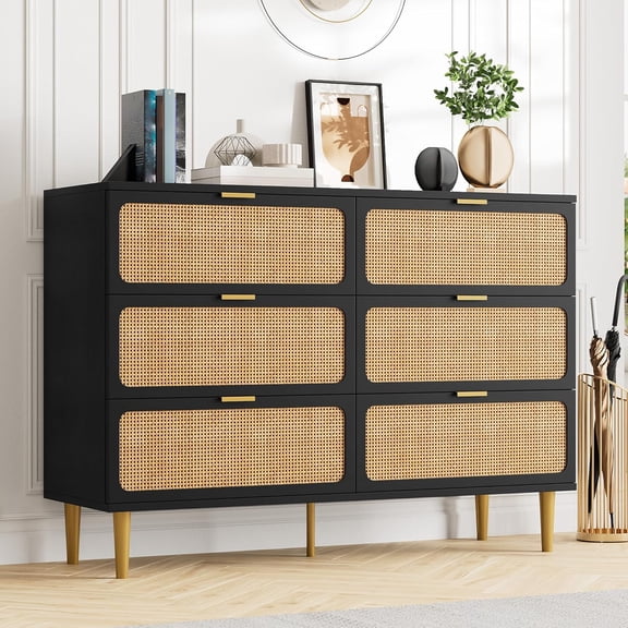 Rattan Dresser with 6 Drawers, Tall Modern Closet with Deep Storage, Large Chest of Drawers with Wide Top, Long Wooden Dresser for Bedroom, Living Room, Hallway, Kids Room, Black