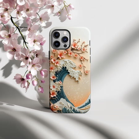 Blue Japanese Sakura Wave Phone Case Fits iPhone Samsung Galaxy Hard Shell Great Wave Kanagawa Art Gift