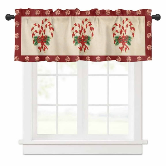 Christmas Candy Cane Valances for Windows Red Beige Candy Winter Pine Branch Rod Pocket Curtain Valance Window Treatment Short Curtains for Kitchen Living Room, 54"x18"