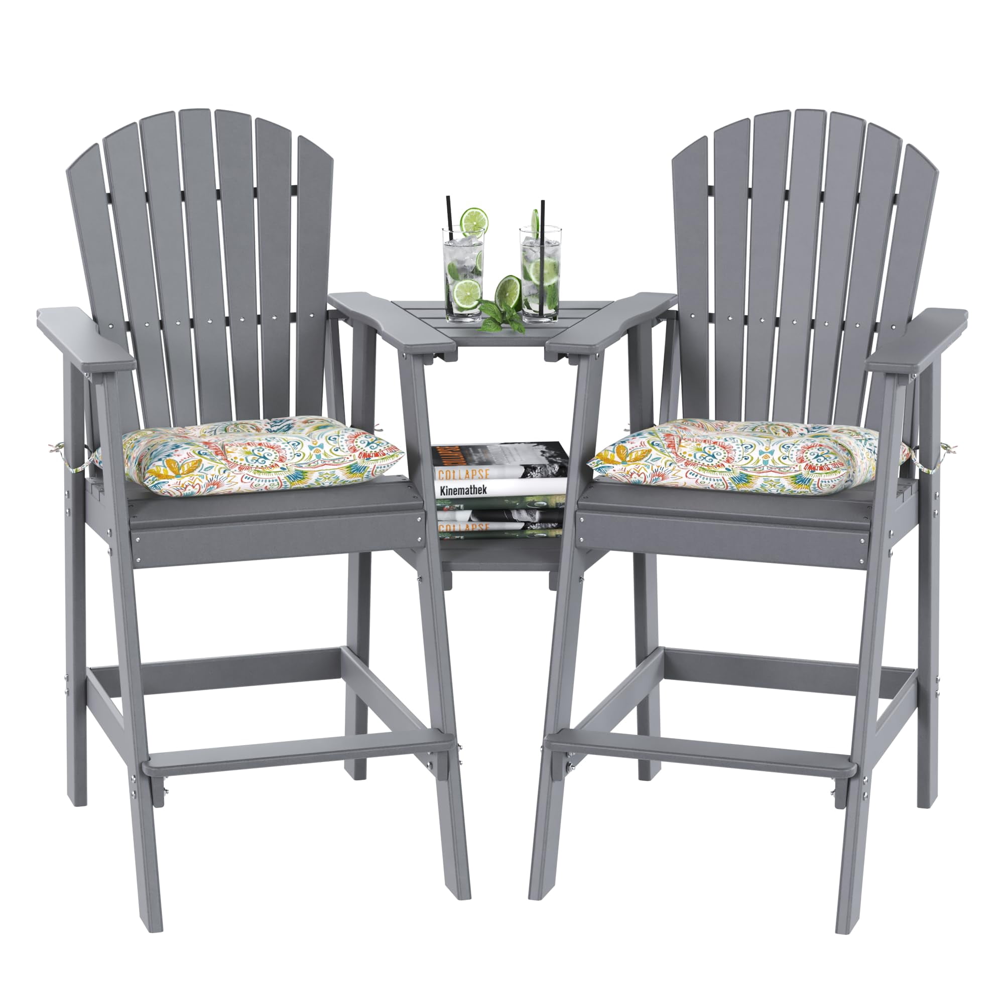 Tall Adirondack Chairs Set of 2 with Table, Patio HDPE Bar Set, 3 PCS Counter Height Dining Bistro Set, Pub Table with Stools, 2 Umbrella Hole Caps, Medium Gray
