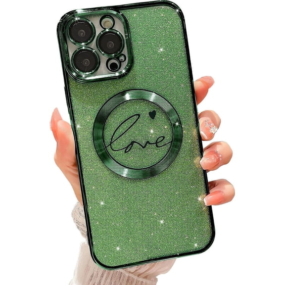 Compatible with iPhone 15 Pro Magnetic Glitter Case 6.1 Inch, Luxury Love Heart Pattern Plating Clear Case, Compatible with MagSafe for Women Girls Shockproof Back Cover-Green