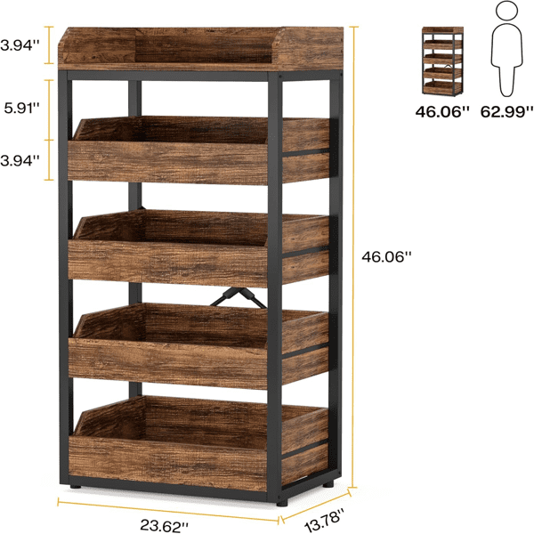 4-Tier Pull-Out Vegetable Storage Rack - 5 Drawers, 120lbs Capacity per Drawer, Heavy-Duty Metal & Particleboard for Kitchen, Retail & Living Room