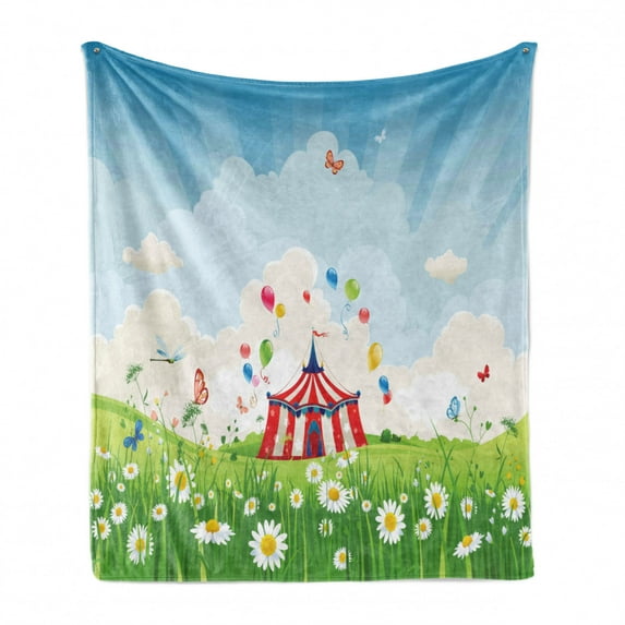 Circus Soft Flannel Fleece Throw Blanket, Circus Tent on Grass Field Theme with Flying Butterflies and Camomiles on Ground, Cozy Plush for Indoor and Outdoor Use, 50" x 60", Multicolor, by Ambesonne