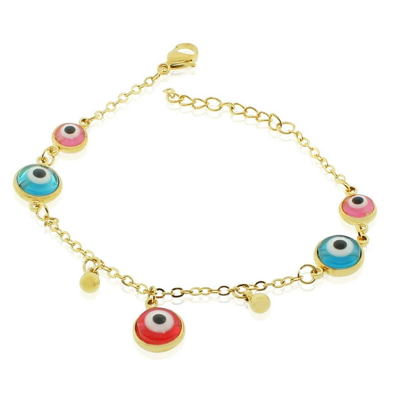 EDFORCE Stainless Steel Yellow Gold-Tone Multicolor Evil Eye Protection Link Chain Bracelet, 8"