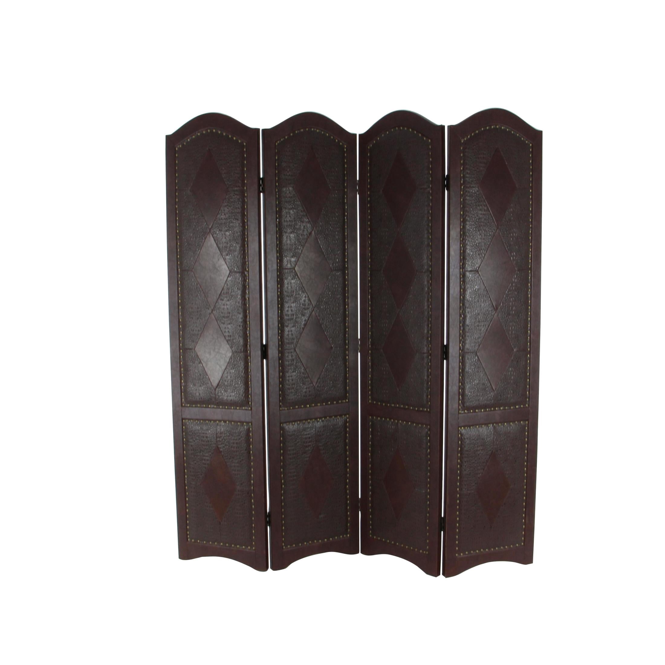 DecMode 64" x 71" Brown Faux Leather Scroll Foldable Partition 4 Panel Room Divider Screen with Faux Leather Detailing, 1-Piece