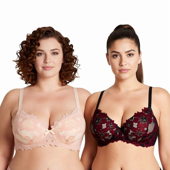 Curve Muse Women's Plus Size Push Up Add 1 Cup Underwire Perfect Shape Lace Bras-2Pk-Black/Red,Powder Silver-32B